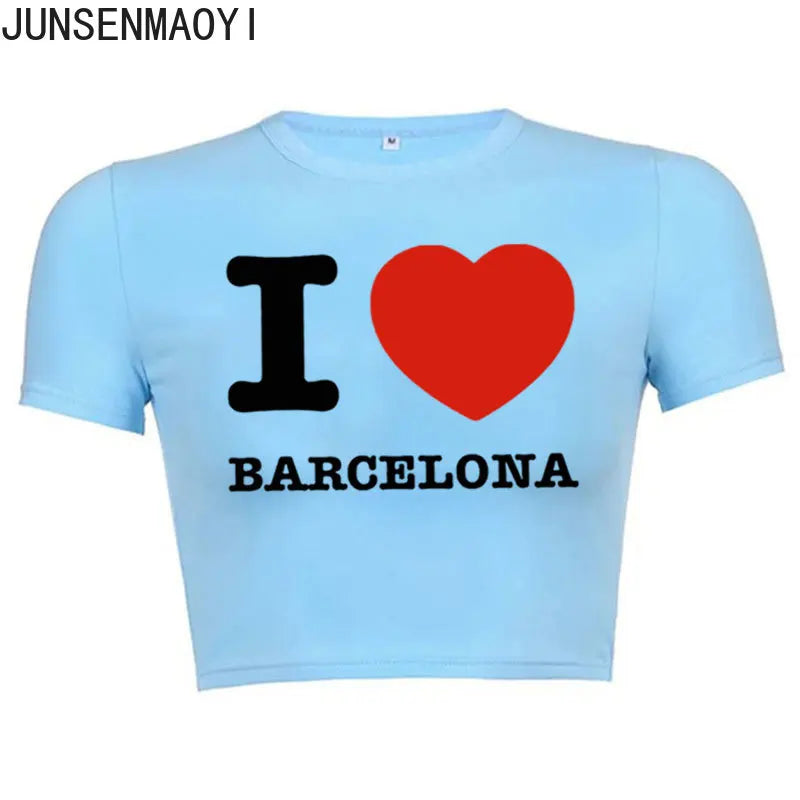 I Love Barcelona Women T Shirt Summer Harajuku Crop Top Sexy Party Clothes O Neck Cropped Navel Women Fashion T-Shirt