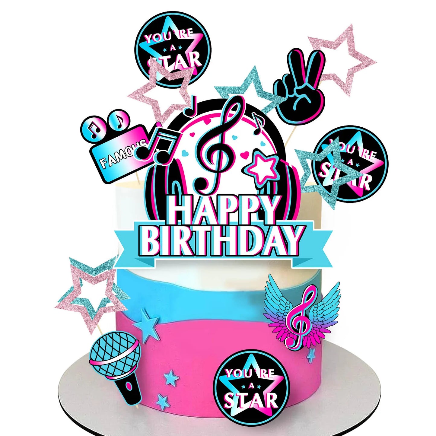 Musical Cake Toppers Set - Reusable Star & Microphone Decor for Karaoke Theme Birthday, Baby Shower Party Supplies