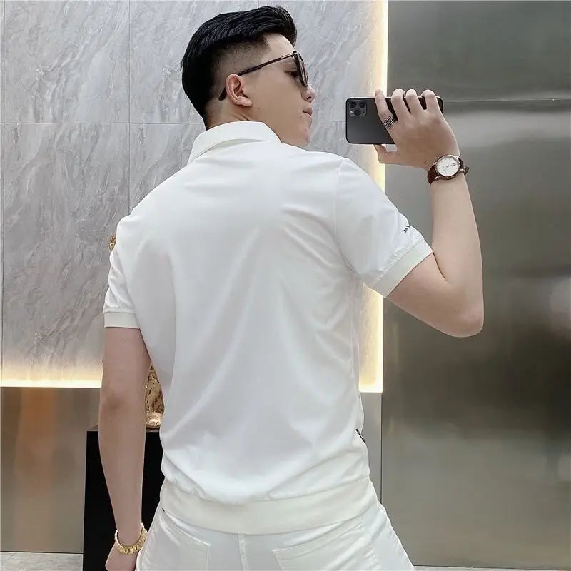 Zipper Cardigan Short-sleeved Lapel T-shirt Men's Fashion Personality Slim Casual