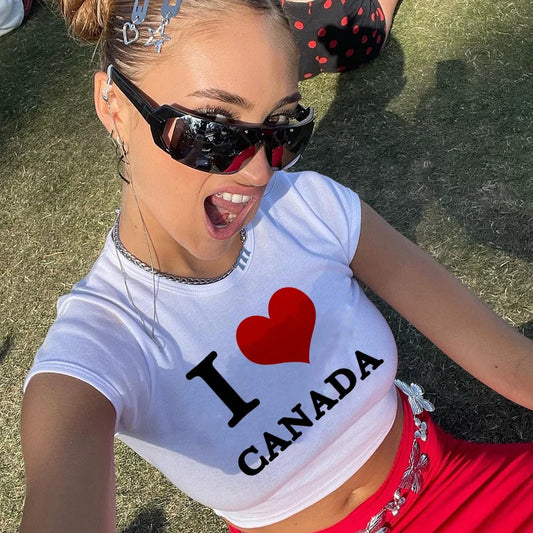 Y2k Sexy I Love Canada Print Vintage Cyber Harajuku Casual Fashion Gothic Short Sleeve Crop Top T-shirts Summer Women Streetwear