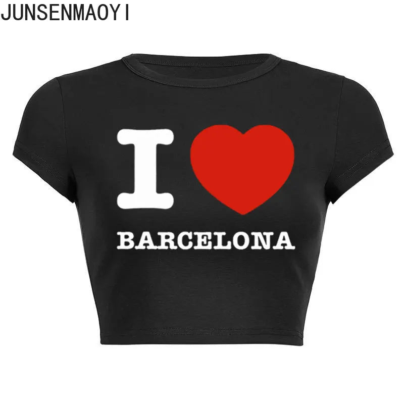I Love Barcelona Women T Shirt Summer Harajuku Crop Top Sexy Party Clothes O Neck Cropped Navel Women Fashion T-Shirt