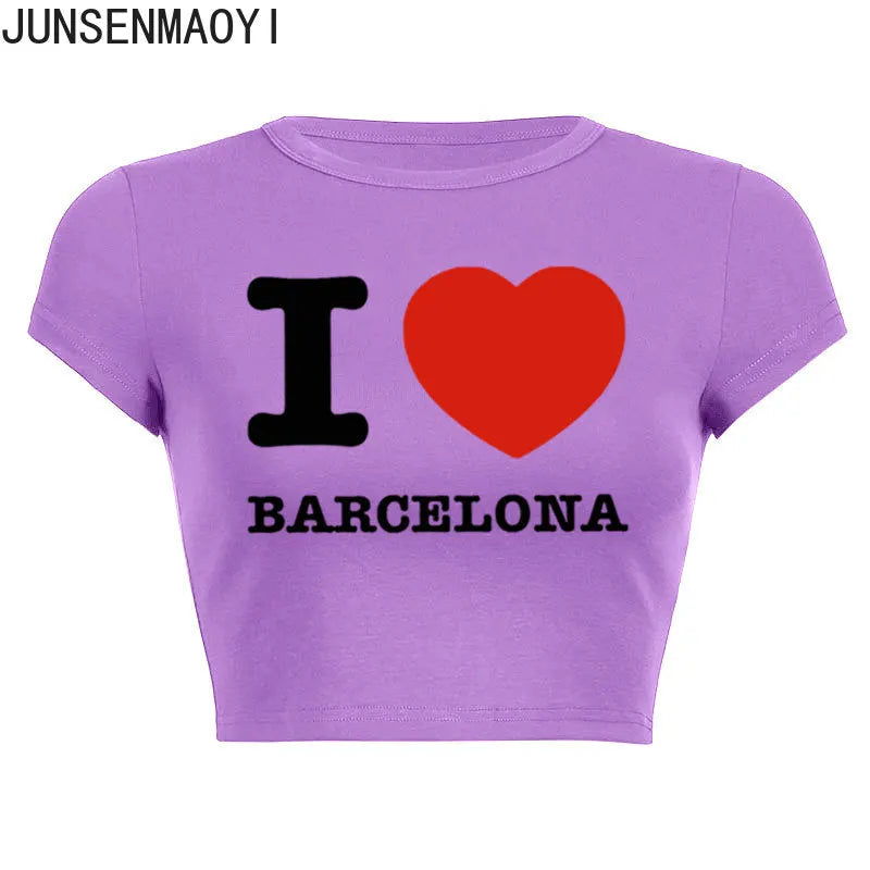 I Love Barcelona Women T Shirt Summer Harajuku Crop Top Sexy Party Clothes O Neck Cropped Navel Women Fashion T-Shirt