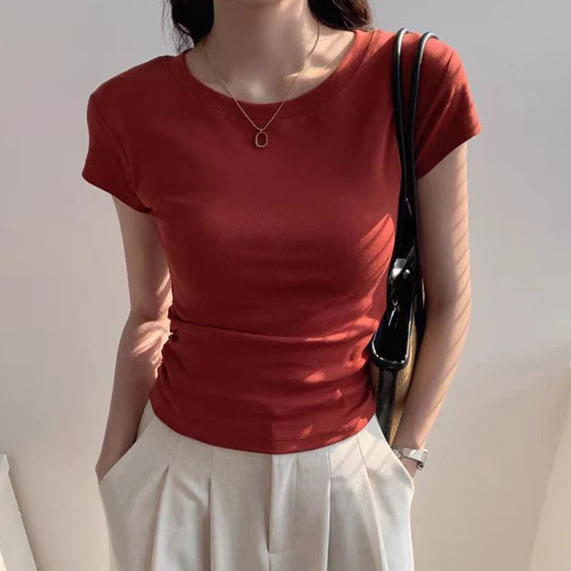 Summer 100% Cotton O Neck Sexy T Shirt Women Fashion Solid Color White Short Sleeve Tops Casual Skinny Slim Pullover Street Y2k