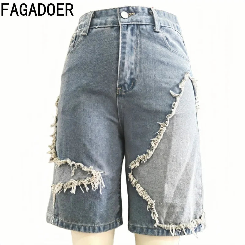 FAGADOER Retro Fashion Denim Pants Women Zipper Tassel Patchwork Straight Jeans Shorts Female Streetwear Bottoms 2025 Summer New
