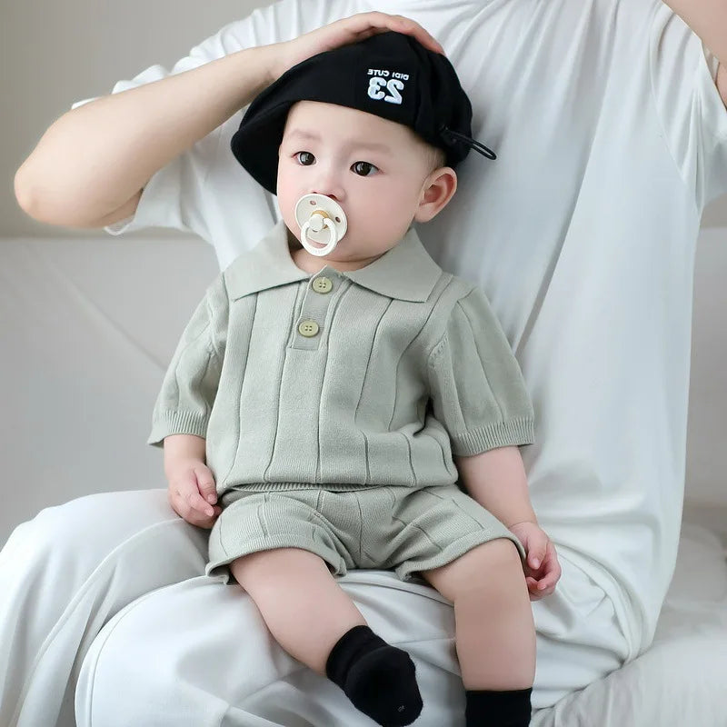 Male Baby Summer Set Baby Korean Style Knitted Thin Short Sleeved Shorts Two-piece Set for One Year Old Children's Clothing
