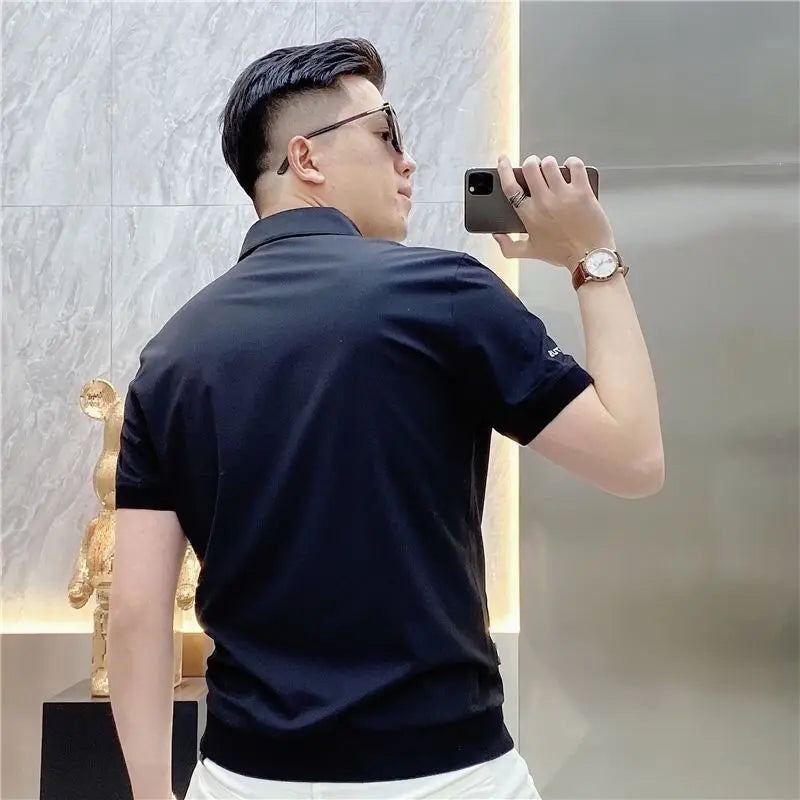 Zipper Cardigan Short-sleeved Lapel T-shirt Men's Fashion Personality Slim Casual