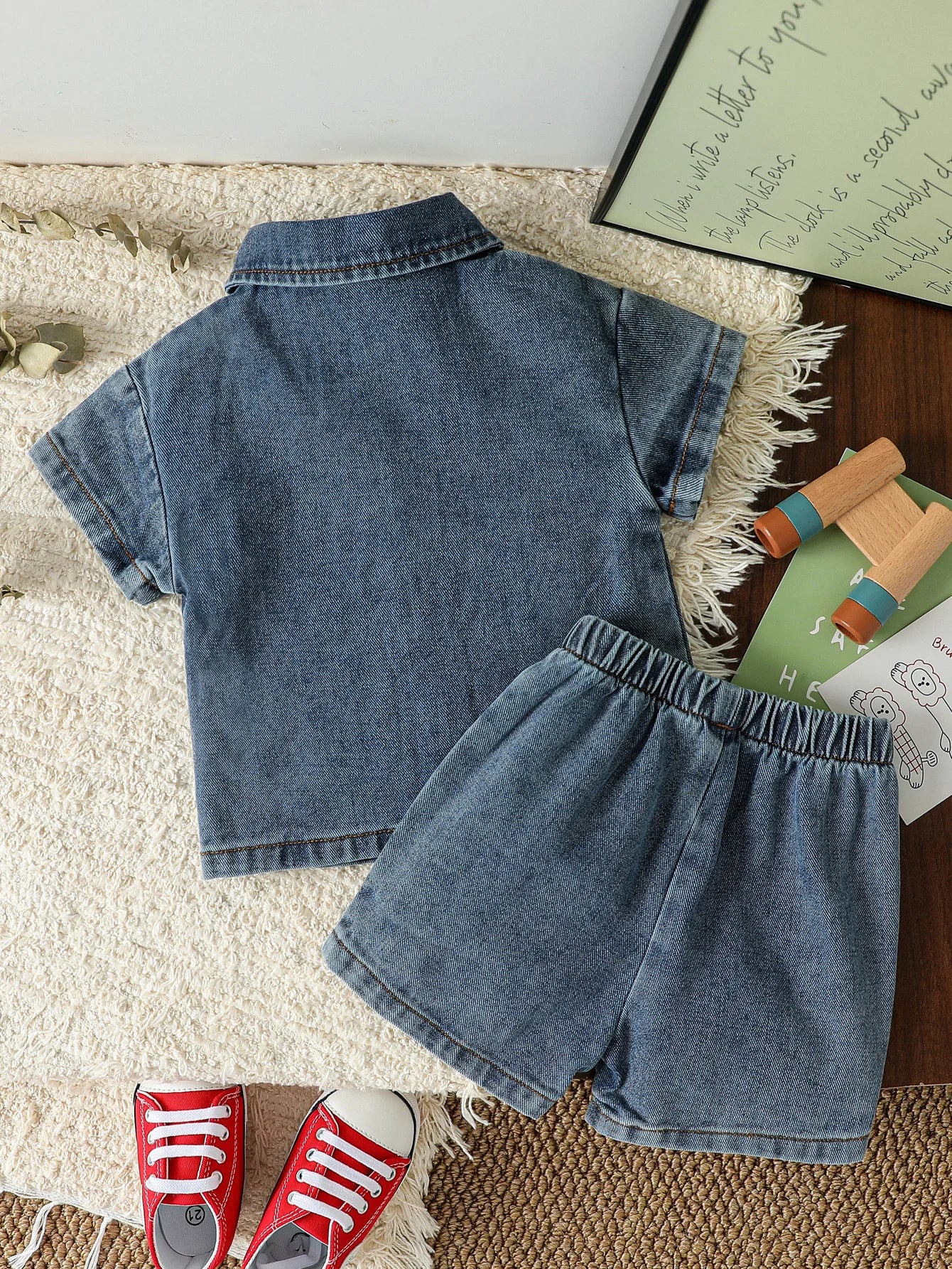 2025 Summer Baby Solid Denim Short Sleeve Set Boys /Girls' Denim Shirts& Shorts Two Piece Set Simple Casual Fashion Streetwear