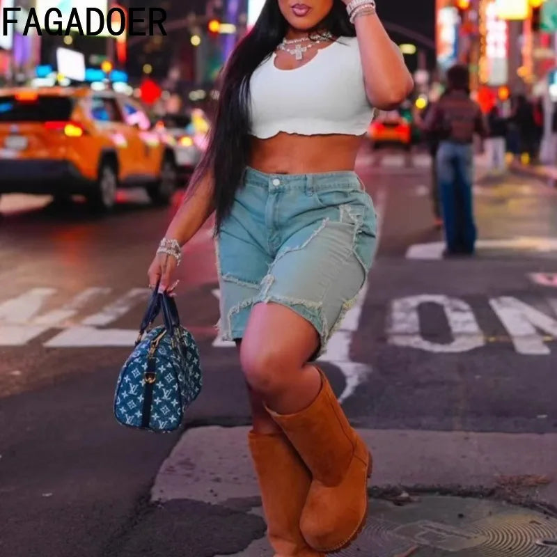 FAGADOER Retro Fashion Denim Pants Women Zipper Tassel Patchwork Straight Jeans Shorts Female Streetwear Bottoms 2025 Summer New