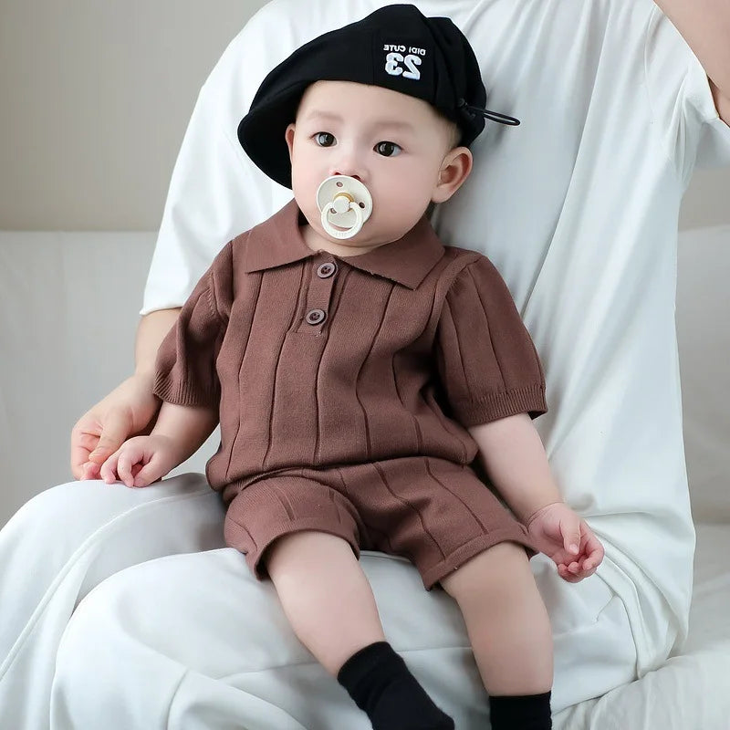 Male Baby Summer Set Baby Korean Style Knitted Thin Short Sleeved Shorts Two-piece Set for One Year Old Children's Clothing