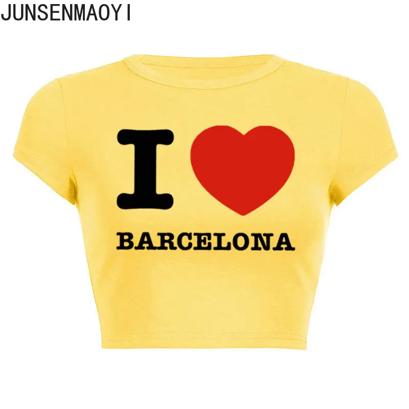 I Love Barcelona Women T Shirt Summer Harajuku Crop Top Sexy Party Clothes O Neck Cropped Navel Women Fashion T-Shirt