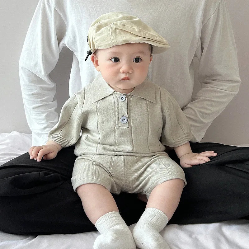 Male Baby Summer Set Baby Korean Style Knitted Thin Short Sleeved Shorts Two-piece Set for One Year Old Children's Clothing