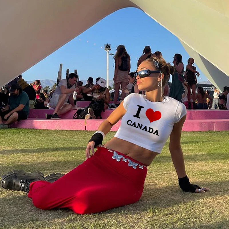 Y2k Sexy I Love Canada Print Vintage Cyber Harajuku Casual Fashion Gothic Short Sleeve Crop Top T-shirts Summer Women Streetwear