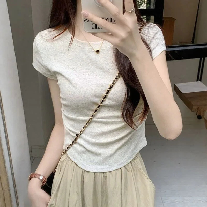 Summer 100% Cotton O Neck Sexy T Shirt Women Fashion Solid Color White Short Sleeve Tops Casual Skinny Slim Pullover Street Y2k