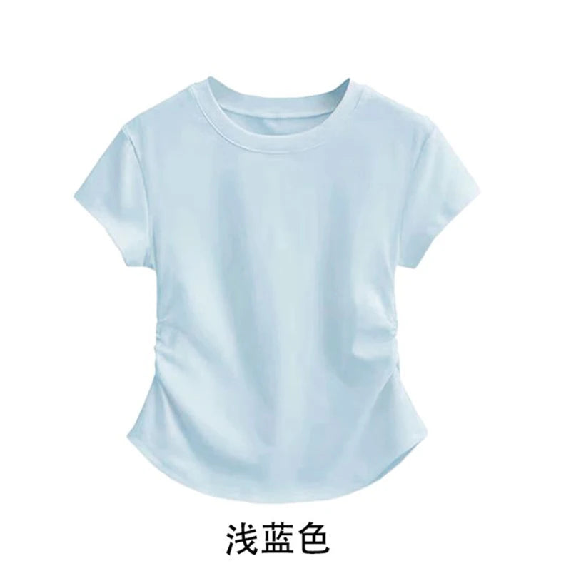 Summer 100% Cotton O Neck Sexy T Shirt Women Fashion Solid Color White Short Sleeve Tops Casual Skinny Slim Pullover Street Y2k