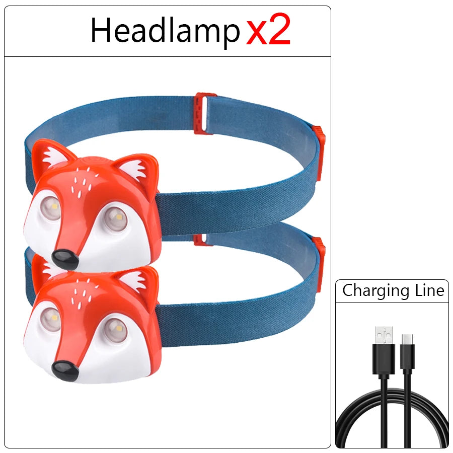Rechargeable Kids LED Headlamps Fox Raccoon Cute Animal Headlight with 3 Modes Head Torch Outdoor Camping Lantern for Kids Gift
