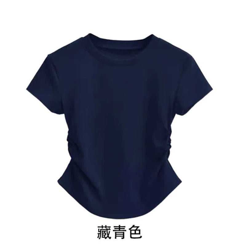 Summer 100% Cotton O Neck Sexy T Shirt Women Fashion Solid Color White Short Sleeve Tops Casual Skinny Slim Pullover Street Y2k