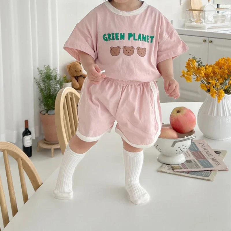 Baby Summer Tracksuits Cute Bear Print Cotton T-shirt+Short Child New Casual Sports Clothes Sets Babies Fashion Set