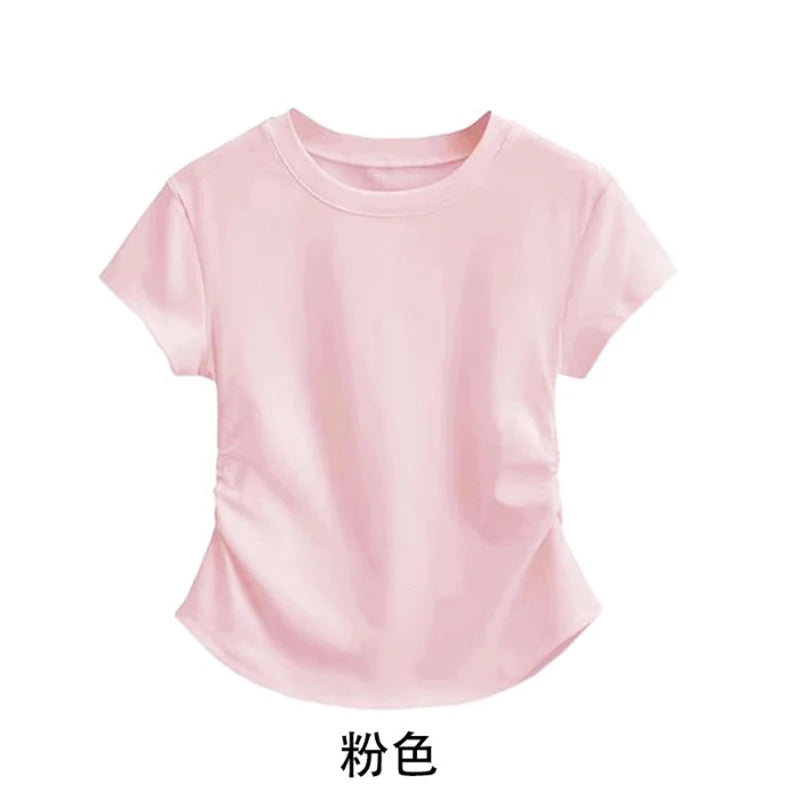 Summer 100% Cotton O Neck Sexy T Shirt Women Fashion Solid Color White Short Sleeve Tops Casual Skinny Slim Pullover Street Y2k