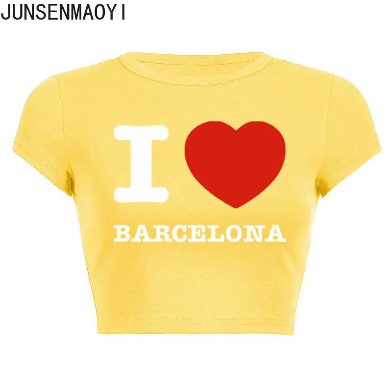 I Love Barcelona Women T Shirt Summer Harajuku Crop Top Sexy Party Clothes O Neck Cropped Navel Women Fashion T-Shirt
