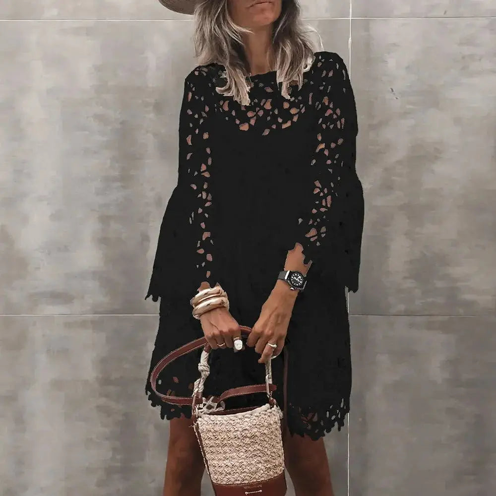 Spring Summer Sexy Lace Fashion White Embroidered Dress Elegant Solid   Beach O-Neck Boho Casual Streetwear Female Party Vestido