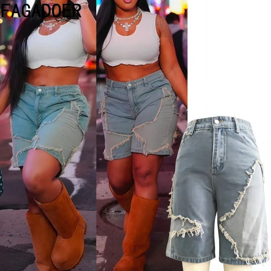 FAGADOER Retro Fashion Denim Pants Women Zipper Tassel Patchwork Straight Jeans Shorts Female Streetwear Bottoms 2025 Summer New