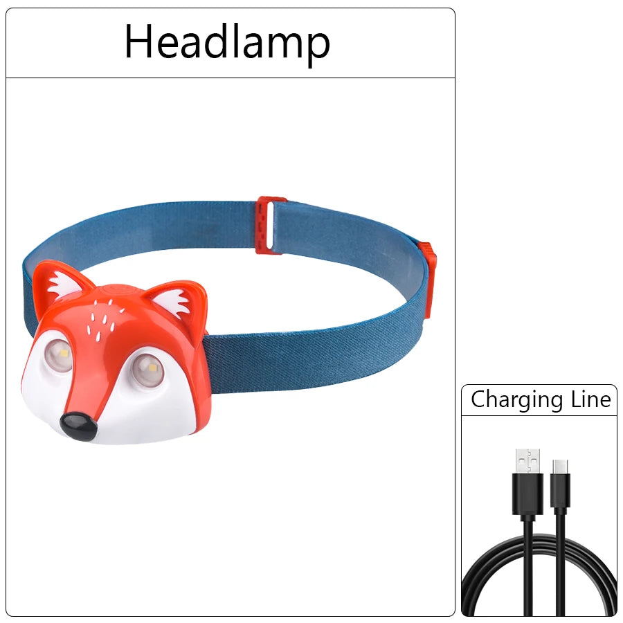 Rechargeable Kids LED Headlamps Fox Raccoon Cute Animal Headlight with 3 Modes Head Torch Outdoor Camping Lantern for Kids Gift
