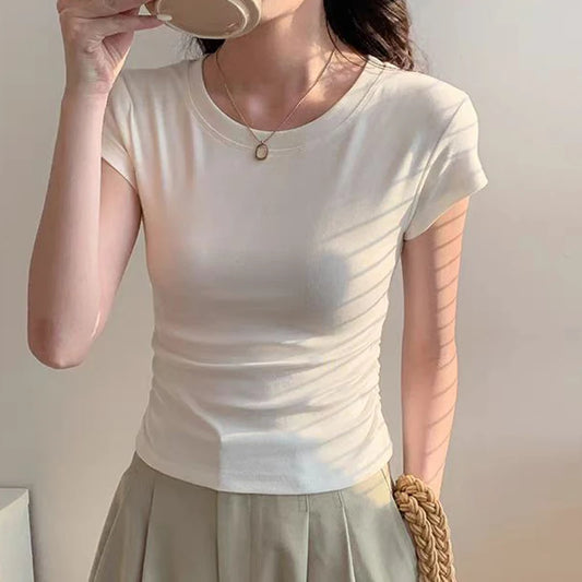 Summer 100% Cotton O Neck Sexy T Shirt Women Fashion Solid Color White Short Sleeve Tops Casual Skinny Slim Pullover Street Y2k