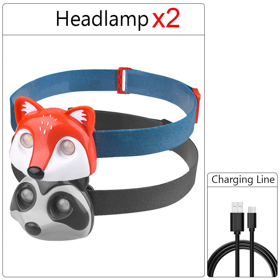 Rechargeable Kids LED Headlamps Fox Raccoon Cute Animal Headlight with 3 Modes Head Torch Outdoor Camping Lantern for Kids Gift