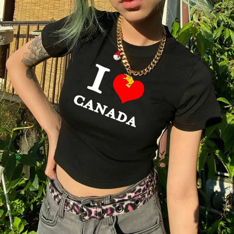 Y2k Sexy I Love Canada Print Vintage Cyber Harajuku Casual Fashion Gothic Short Sleeve Crop Top T-shirts Summer Women Streetwear