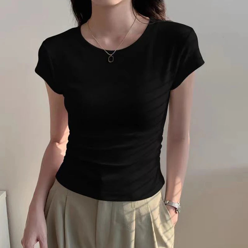 Summer 100% Cotton O Neck Sexy T Shirt Women Fashion Solid Color White Short Sleeve Tops Casual Skinny Slim Pullover Street Y2k