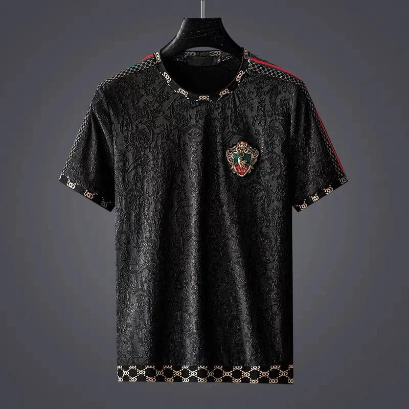 European luxury jacquard short sleeve t-shirt men's round neck summer new large embroidery badge Korean half sleeve Fashion Top