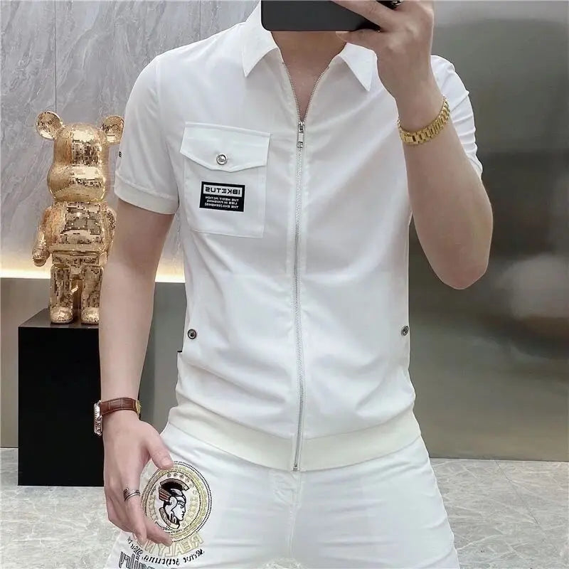 Zipper Cardigan Short-sleeved Lapel T-shirt Men's Fashion Personality Slim Casual