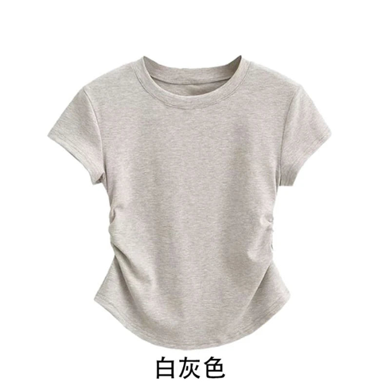 Summer 100% Cotton O Neck Sexy T Shirt Women Fashion Solid Color White Short Sleeve Tops Casual Skinny Slim Pullover Street Y2k