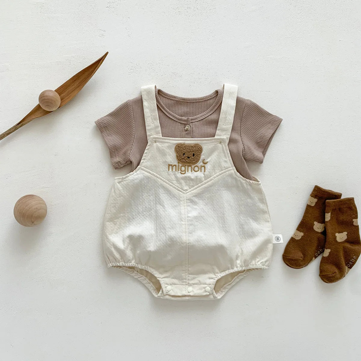 2025 New In Summer Newborn Baby Girls Boys Short Sleeve Solid Color Top T-shirts +cartoon Bear Bodysuits Kid Infant Clothing Set