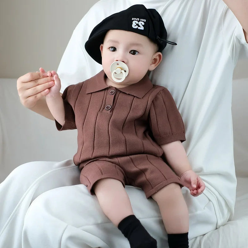 Male Baby Summer Set Baby Korean Style Knitted Thin Short Sleeved Shorts Two-piece Set for One Year Old Children's Clothing