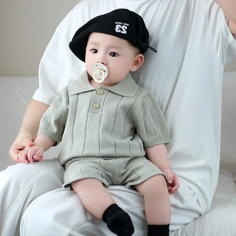 Male Baby Summer Set Baby Korean Style Knitted Thin Short Sleeved Shorts Two-piece Set for One Year Old Children's Clothing