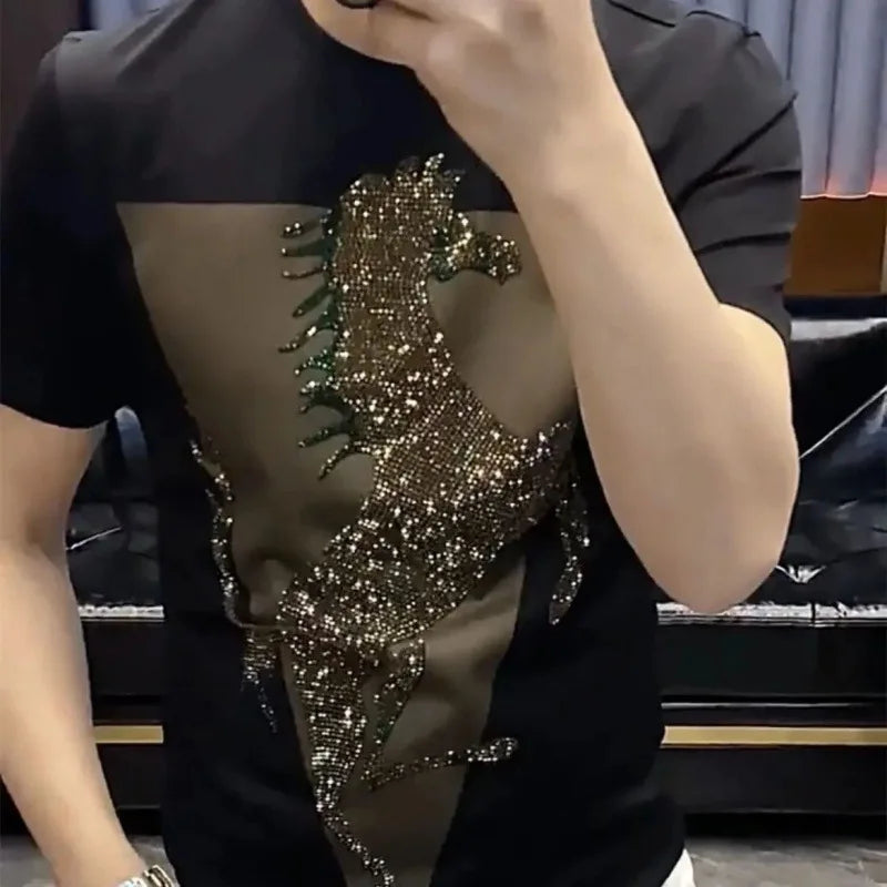 New Fashion Horse Graphic Drilling Light Luxury Short Sleeve T-shirts Men Harajuku 2025 Summer O-neck Slim T Shirt Tops Clothing