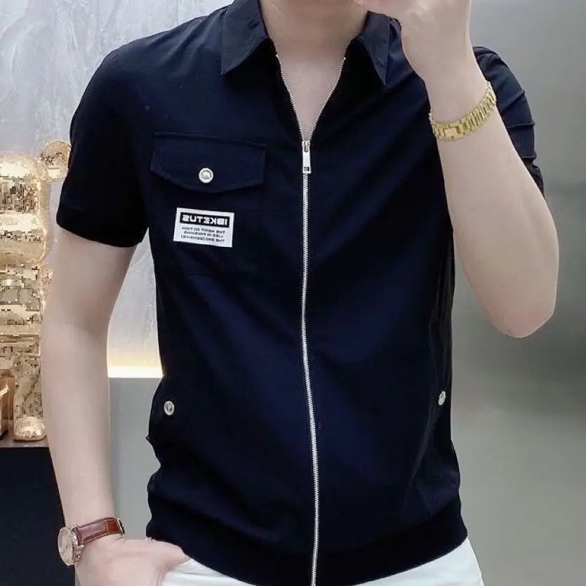 Zipper Cardigan Short-sleeved Lapel T-shirt Men's Fashion Personality Slim Casual